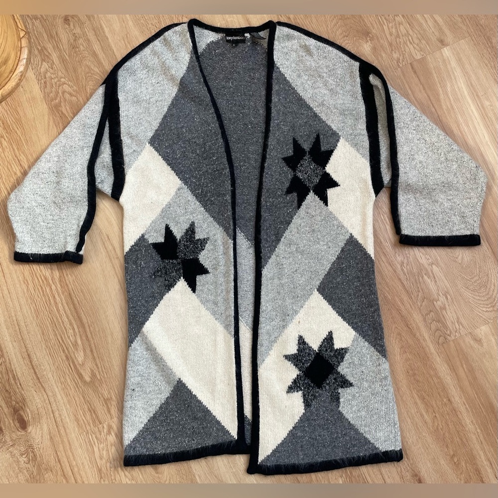 Vintage Tony Lambert open cardigan sweater long large silk angora wool blend